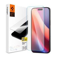   Apple iPhone 16 Pro / 17 / 17 Pro, Kijelzővédő fólia, ütésálló fólia (az íves részre is!), Tempered Glass (edzett üveg), tok barát, Spigen Glastr Slim HD, Clear