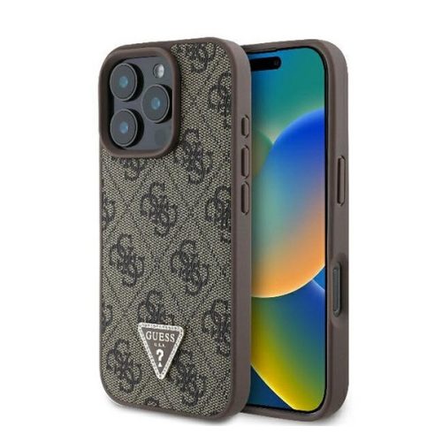 Guess 4G Strass Triangle Metal Logo Apple iPhone 16 Pro Max hátlap tok, barna