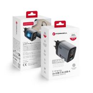   Forcell F-Energy GaN III VT-37 2xUSB-C + USB-A töltő adapter LCD kijelzővel, PD, QC4.0, SFC2.0, 3,45A, 70W, szürke