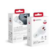   FORCELL F-ENERGY CC50-1A1C autós töltő USB-C + USB-A, PD QC3.0, 3A, 38W, fehér