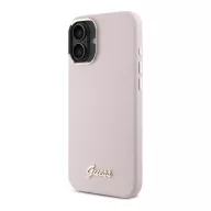   Guess Silicone Script Metal Logo & Frame iPhone 16 hátlap tok, rózsaszín GUHCP16SSMBSLP