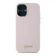   Guess Silicone Script Metal Logo & Frame iPhone 16 hátlap tok, rózsaszín GUHCP16SSMBSLP