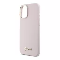   Guess Silicone Script Metal Logo & Frame iPhone 16 hátlap tok, rózsaszín GUHCP16SSMBSLP