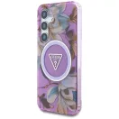 Guess Glitter Flowers Triangle Buttons Samsung Galaxy S25 MagSafe kemény hátlap tok, lila