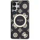 Guess 4G Background Gold Electroplated Peony Pattern Samsung Galaxy S25 Ultra MagSafe kemény hátlap tok, fekete