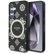   Guess 4G Background Gold Electroplated Peony Pattern Samsung Galaxy S25 MagSafe kemény hátlap tok, fekete