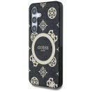 Guess 4G Background Gold Electroplated Peony Pattern Samsung Galaxy S25 MagSafe kemény hátlap tok, fekete