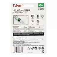  TCBEST újratölthető R6 (AA) elem 750 mAh, USB-C csatlakozóval és töltőkábellel (4db)