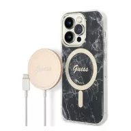   Guess Marble MagSafe Apple iPhone 14 Pro Max hátlap tok, fekete + MagSafe töltő