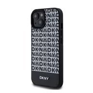   DKNY PU Leather Repeat Pattern Bottom Stripe Apple iPhone 15 Magsafe kompatibilis hátlap tok, fekete