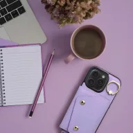   Wonder iPhone 12/12 Pro kártyatartós tok gyűrűs kitámasztóval, csuklóra / vállra akasztható pánttal, lila