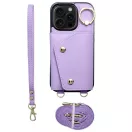 Wonder iPhone 16 kártyatartós tok gyűrűs kitámasztóval, csuklóra / vállra akasztható pánttal, lila