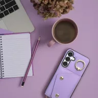   Wonder Samsung Galaxy S25 Ultra kártyatartós tok gyűrűs kitámasztóval, csuklóra / vállra akasztható pánttal, lila