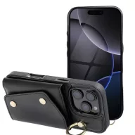   Wonder iPhone 12/12 Pro kártyatartós tok gyűrűs kitámasztóval, csuklóra / vállra akasztható pánttal, fekete