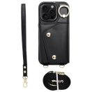 Wonder iPhone 13 kártyatartós tok gyűrűs kitámasztóval, csuklóra / vállra akasztható pánttal, fekete