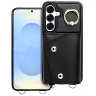   Wonder Samsung Galaxy A16 5G kártyatartós tok gyűrűs kitámasztóval, csuklóra / vállra akasztható pánttal, fekete