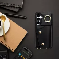   Wonder Samsung Galaxy A16 5G kártyatartós tok gyűrűs kitámasztóval, csuklóra / vállra akasztható pánttal, fekete