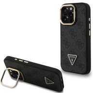   Guess PU 4G Strass Triangle Logo Apple iPhone 16 Pro MagSafe tok kitámasztható kamera peremmel, fekete-arany