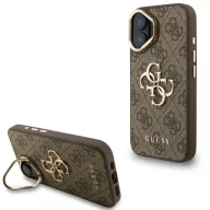   Guess PU 4G Metal Logo Apple iPhone 16 hátlap tok kitámasztható kamera peremmel, barna-arany