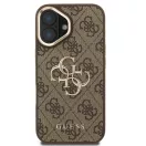 Guess PU 4G Metal Logo Apple iPhone 16 hátlap tok kitámasztható kamera peremmel, barna-arany