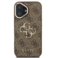   Guess PU 4G Metal Logo Apple iPhone 16 hátlap tok kitámasztható kamera peremmel, barna-arany