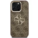 Guess PU 4G Metal Logo Apple iPhone 15 Pro hátlap tok kitámasztható kamera peremmel, barna-arany