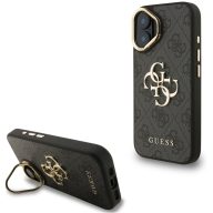   Guess PU 4G Metal Logo Apple iPhone 16 hátlap tok kitámasztható kamera peremmel, fekete-arany