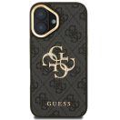 Guess PU 4G Metal Logo Apple iPhone 16 hátlap tok kitámasztható kamera peremmel, fekete-arany