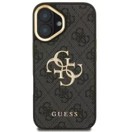   Guess PU 4G Metal Logo Apple iPhone 16 hátlap tok kitámasztható kamera peremmel, fekete-arany