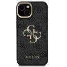 Guess PU 4G Metal Logo Apple iPhone 13 hátlap tok kitámasztható kamera peremmel, fekete-arany