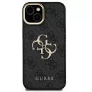 Guess PU 4G Metal Logo Apple iPhone 15 hátlap tok kitámasztható kamera peremmel, fekete-arany