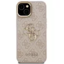Guess PU 4G Metal Logo Apple iPhone 15 hátlap tok kitámasztható kamera peremmel, rózsaszín-arany