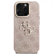   Guess PU 4G Metal Logo Apple iPhone 15 Pro Max hátlap tok kitámasztható kamera peremmel, rózsaszín-arany