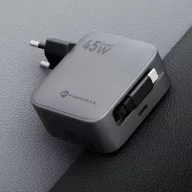   Forcell F-Energy GaN III VT-R5 USB-C utazó töltő adapter visszahúzható USB-C kábellel, PD, QC4.0, 45W, szürke