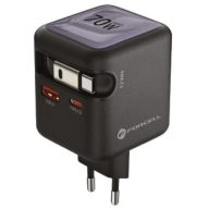   Forcell F-Energy GaN III VT-R7 USB-C-USB-A utazó töltő adapter visszahúzható USB-C kábellel, PD, QC4.0, 70W, szürke