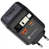   Forcell F-Energy GaN III VT-R7 USB-C-USB-A utazó töltő adapter visszahúzható USB-C kábellel, PD, QC4.0, 70W, szürke