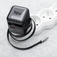   Forcell F-Energy GaN III VT-R7 USB-C-USB-A utazó töltő adapter visszahúzható USB-C kábellel, PD, QC4.0, 70W, szürke