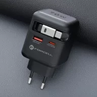  Forcell F-Energy GaN III VT-R7 USB-C-USB-A utazó töltő adapter visszahúzható USB-C kábellel, PD, QC4.0, 70W, szürke