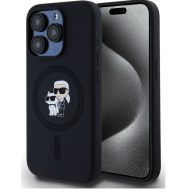   Karl Lagerfeld Liquid Silicone Karl and Choupette MagSafe iPhone 15 Pro hátlap tok, fekete