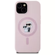   Karl Lagerfeld Liquid Silicone Karl and Choupette MagSafe iPhone 15 hátlap tok, rózsaszín