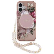   Guess IML Flowers Strap Apple iPhone 17 MagSafe hátlap tok karpánttal, rózsaszín