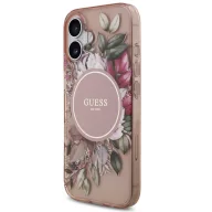   Guess IML Flowers Strap Apple iPhone 17 MagSafe hátlap tok karpánttal, rózsaszín