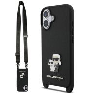  Karl Lagerfeld Saffiano Crossbody Strap Metal Karl and Choupette Apple iPhone 17 hátlap tok pánttal, fekete