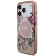   Guess IML Flowers Strap Apple iPhone 17 Pro Max MagSafe hátlap tok karpánttal, rózsaszín