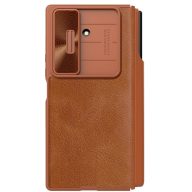   Nillkin Qin Pro Samsung Galaxy Z Fold 7 bőr flip tok S-Pen / kártyatartóval, csúsztatható kameravédővel, barna