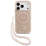   Guess IML Flowers Allover Strap Apple iPhone 17 Pro MagSafe hátlap tok karpánttal, rózsaszín