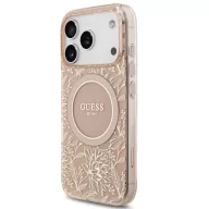   Guess IML Flowers Allover Strap Apple iPhone 17 Pro MagSafe hátlap tok karpánttal, rózsaszín