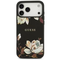   Guess Grained Flowers Classic Logo Apple iPhone 17 MagSafe tok, virág minta, fekete