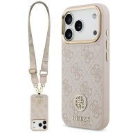   Guess 4G Strass Logo & Big Strap Metal Buttons Apple iPhone 17 Pro MagSafe tok csukló / nyakpánttal, rózsaszín