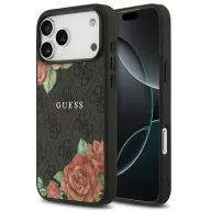  Guess Leather 4G Flowers Print Metal Classic Logo MagSafe Apple iPhone 17 Pro kemény hátlap tok, fekete